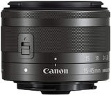 A standard zoom covering wide-angle to short telephoto perspectives, the graphite EF-M 15-45mm f/3.5-6.3 IS STM Lens from Canon offers a 24-72mm equi…